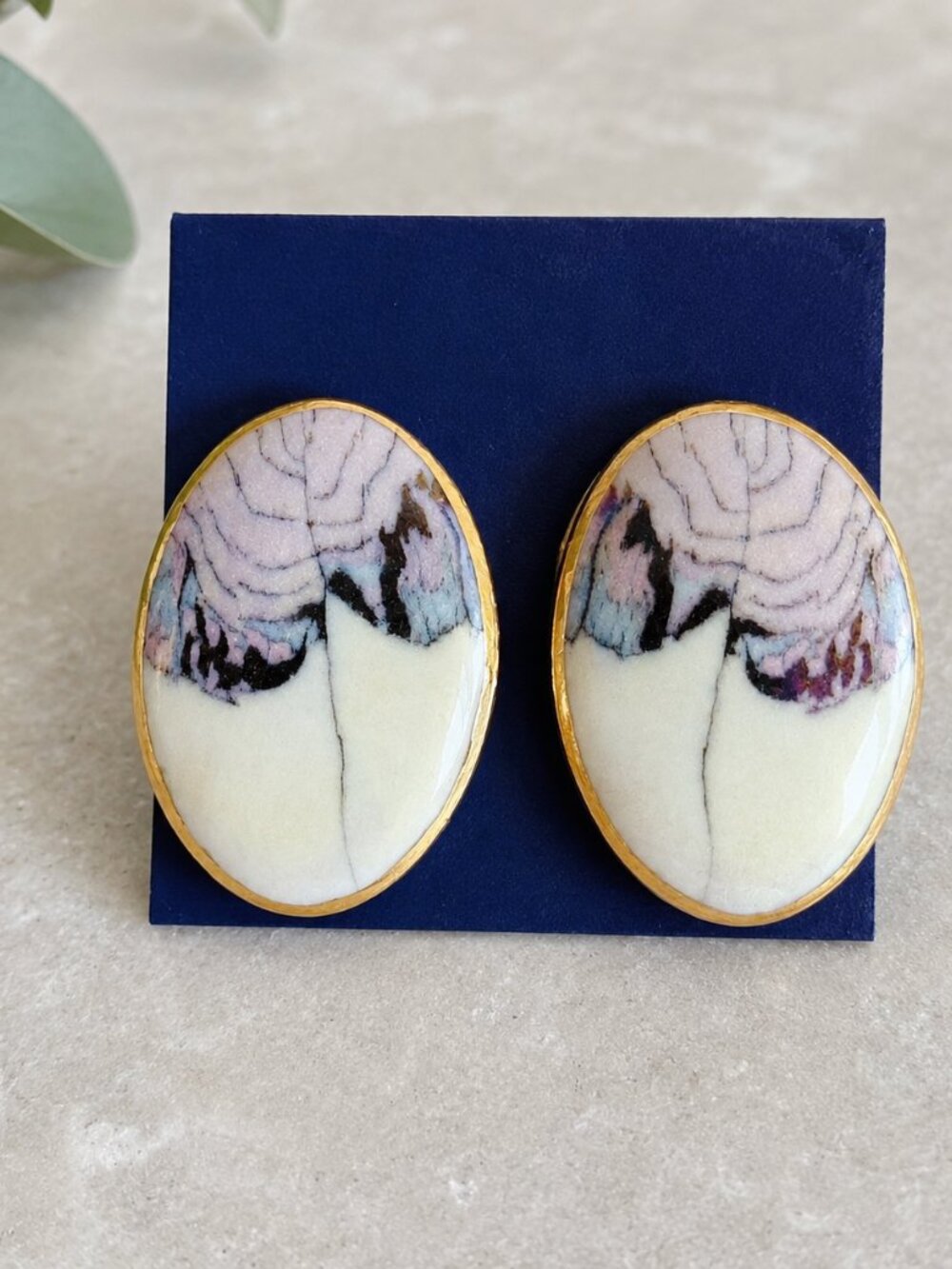 Wild Dove Vintage 90s Porcelain 22K Gold Oval Stud Earrings